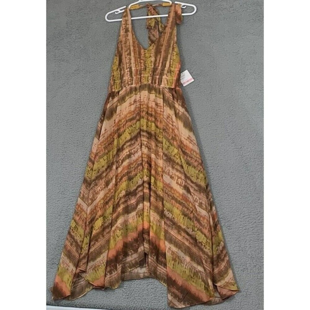 Taylor Women's SZ 10 Halter V Neck Sleeveless Smocked Waist Handkerchief Hem Dr